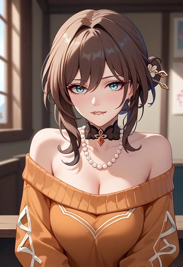 star rail,ruan mei,orange,sweater,choker  - AI generated anime art